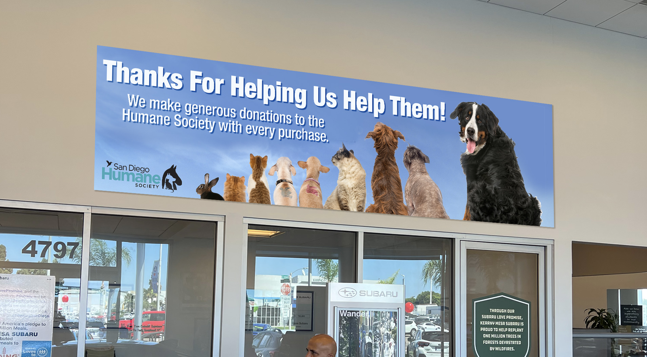 Kearny Mesa Subaru — Humane Society in-store banner