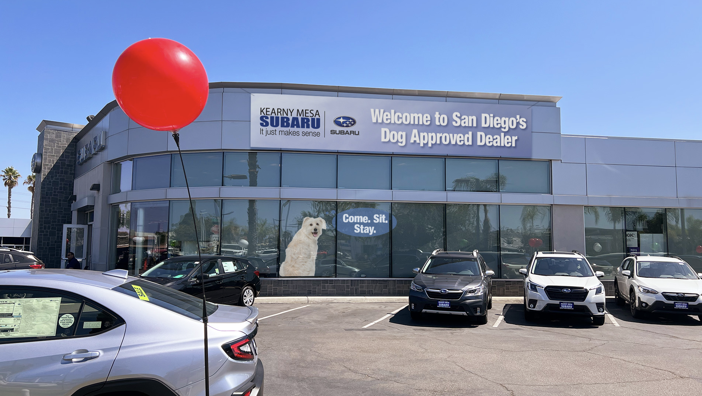 Kearny Mesa Subaru — Welcome to San Diego's Dog Approved Dealer storefront signage